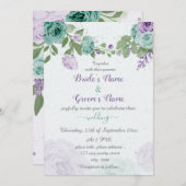 Invitation bleu violet fleurs vert feuille mariage (Devant / Derrière)
