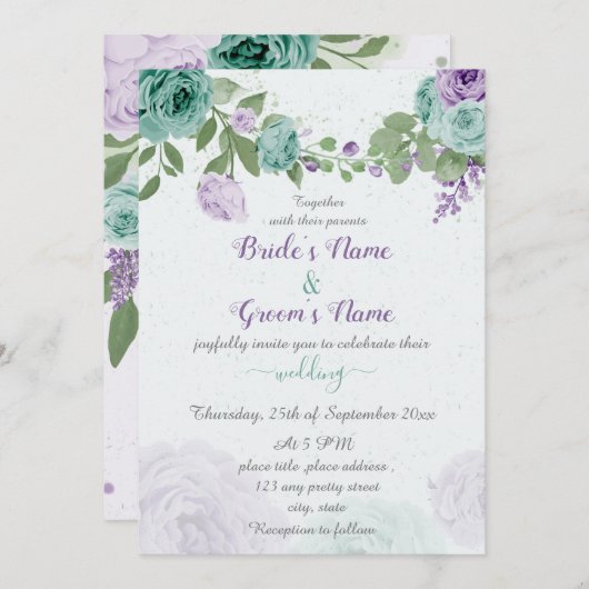 Invitation bleu violet fleurs vert feuille mariage (Devant / Derrière)
