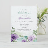 Invitation bleu violet fleurs vert feuille nuptiale douche (Debout devant)