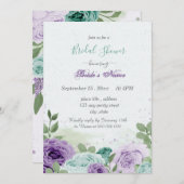 Invitation bleu violet fleurs vert feuille nuptiale douche (Devant / Derrière)