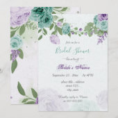 Invitation bleu violet fleurs vert feuille nuptiale douche (Devant / Derrière)