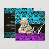 INVITATION BLEU, VIOLET, NOIR, BLANC DAMAS J MONOGRAMME (Devant / Derrière)