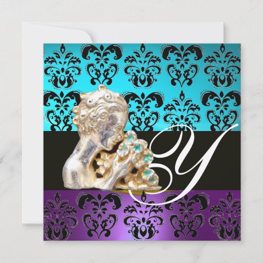 INVITATION BLEU, VIOLET, NOIR, BLANC DAMAS J MONOGRAMME (Devant)