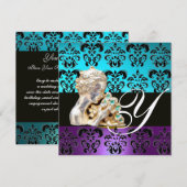 INVITATION BLEU, VIOLET, NOIR, BLANC DAMAS J MONOGRAMME (Devant / Derrière)