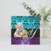 INVITATION BLEU, VIOLET, NOIR, BLANC DAMAS J MONOGRAMME (Debout devant)