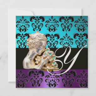 INVITATION BLEU, VIOLET, NOIR, BLANC DAMAS J MONOGRAMME