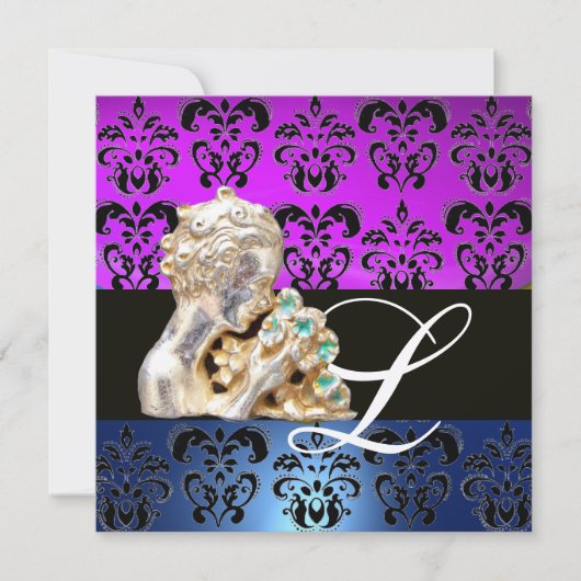 INVITATION BLEU VIOLET, NOIR, BLANC DAMAS JEWEL MONOGRAMME (Devant)