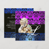 INVITATION BLEU VIOLET, NOIR, BLANC DAMAS JEWEL MONOGRAMME (Devant / Derrière)