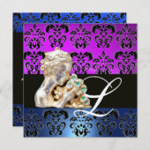 INVITATION BLEU VIOLET, NOIR, BLANC DAMASSÉ MONOGRAMME DE JOA (Devant / Derrière)