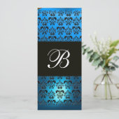 Invitation BLEU VIOLET NOIR DAMAS MONOGRAMME, blanc (Debout devant)
