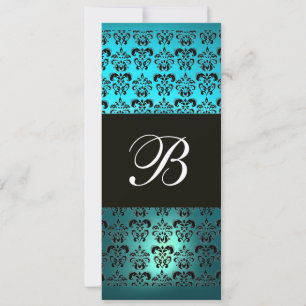 Invitation BLEU VIOLET NOIR DAMAS MONOGRAMME, blanc turquois