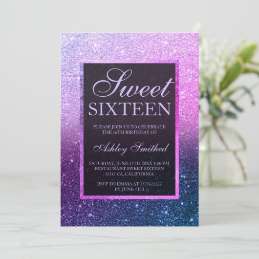 Invitation Bleu violet ombre parties scintillant élégant chic (Debout devant)