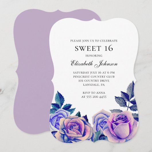 Invitation Bleu violet rose doux 16. Floral 16e anniversaire (Devant / Derrière)