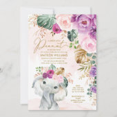 Invitation Bleu Violet Tropical Greenery Elephant Baby (Devant)