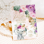 Invitation Bleu Violet Tropical Greenery Elephant Baby<br><div class="desc">Une petite cacahuète douce est en route ! Célébrez l'arrivée prochaine de votre petit sauvage avec cette belle invitation baby shower avec l'adorable illustration d'un bébé éléphant doux,  une végétation tropicale luxuriante et de magnifiques fleurs rousses et violettes.</div>