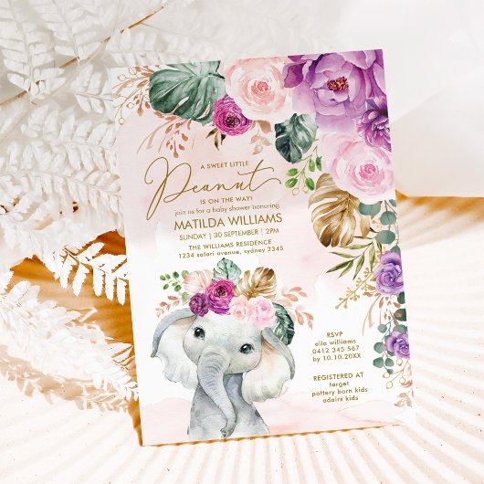 Invitation Bleu Violet Tropical Greenery Elephant Baby