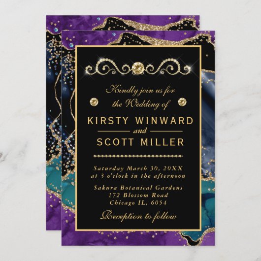 Invitation Bleu violet Turquoise Parties scintillant or Maria (Devant / Derrière)