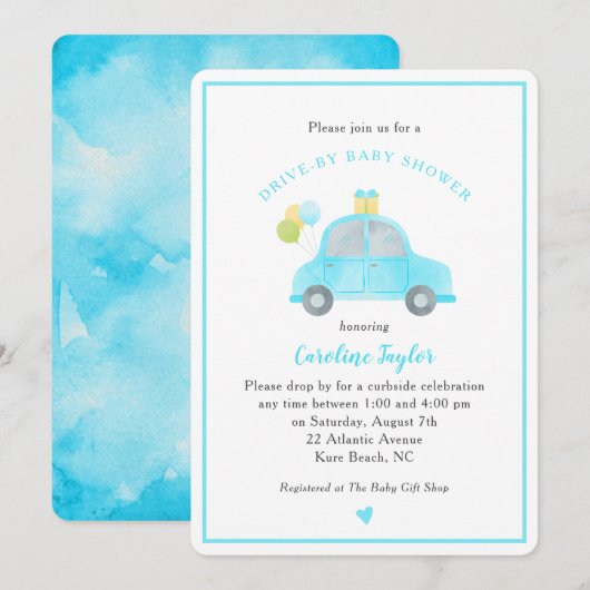 Invitation Bleu Voiture Ballons Baby shower Garçon (Devant / Derrière)