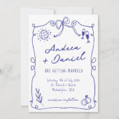 Invitation Bleu Whimsical Quirky main dessinée Mariage (Devant)