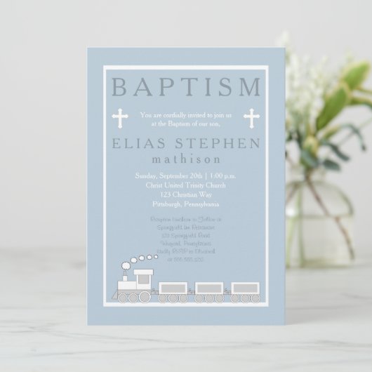 Invitation Bleu | White Choo Choo Train Boy Baptême garçon (Debout devant)