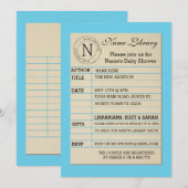 Invitation bleue Baby shower de la carte de biblio (Devant / Derrière)