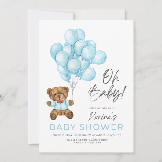 INVITATION BLEUE CUTE OH BÉBÉ TEDDDY OURS ET BALLONS (Devant)