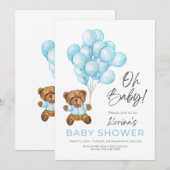 INVITATION BLEUE CUTE OH BÉBÉ TEDDDY OURS ET BALLONS (Devant / Derrière)