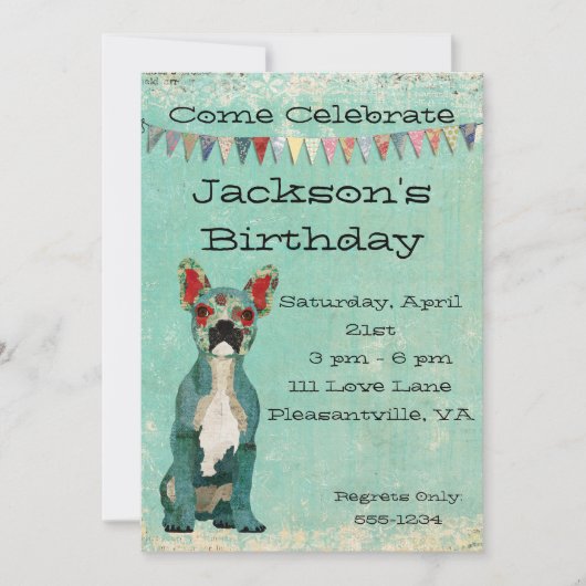 Invitation bleue d'anniversaire de bouledogue (Devant)