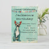Invitation bleue d'anniversaire de bouledogue (Debout devant)