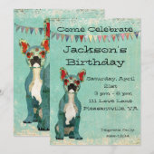 Invitation bleue d'anniversaire de bouledogue (Devant / Derrière)