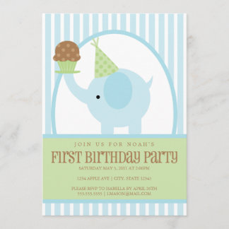 invitation bleue d'anniversaire de l'éléphant 5x7