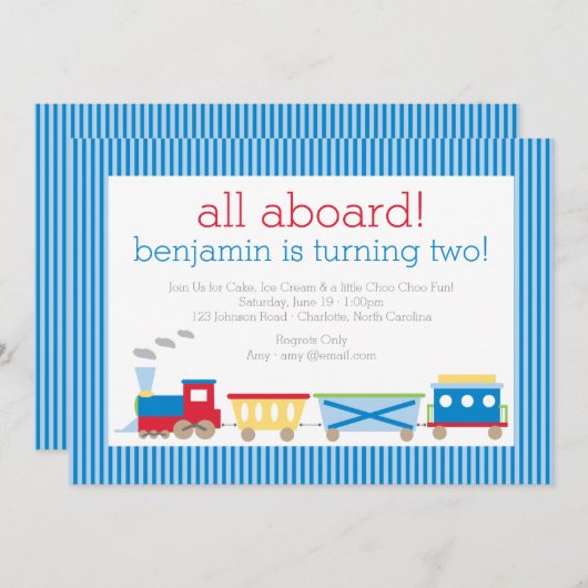 Invitation bleue d'anniversaire de train (Devant / Derrière)