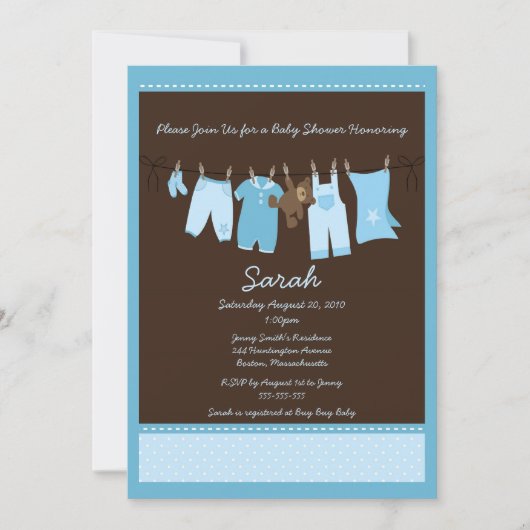 Invitation bleue de baby shower de corde à  linge (Devant)