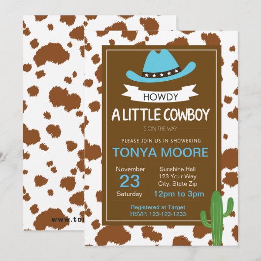 Invitation bleue de baby shower de cowboy (Devant / Derrière)
