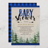 Invitation bleue de baby shower de garçon de plaid (Devant / Derrière)