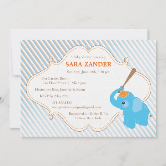 Invitation bleue de baby shower d'éléphant (Devant)