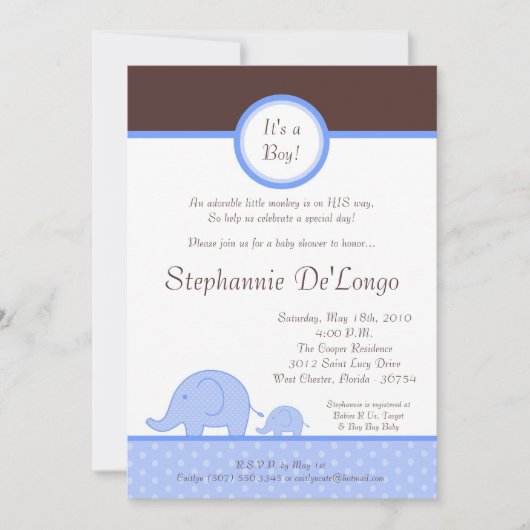 invitation bleue de baby shower d'éléphant de mod (Devant)