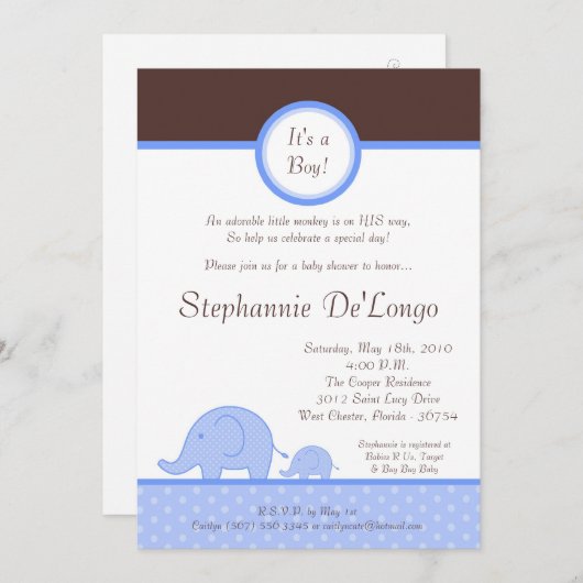 invitation bleue de baby shower d'éléphant de mod (Devant / Derrière)