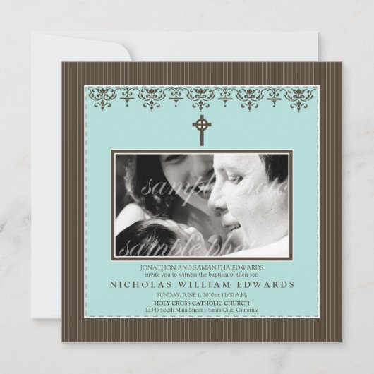 Invitation bleue de baptême d'Aqua victorien chéri (Devant)