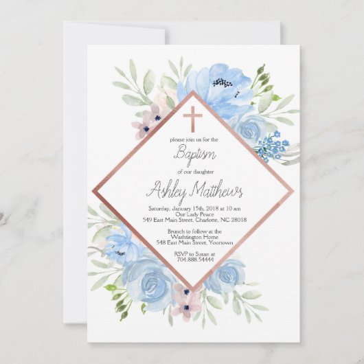 invitation bleue de baptême de garçon, première (Devant)