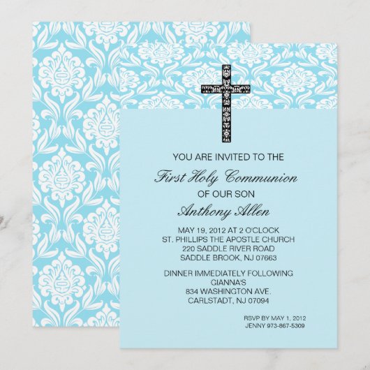 Invitation bleue de communion de garçons de (Devant / Derrière)