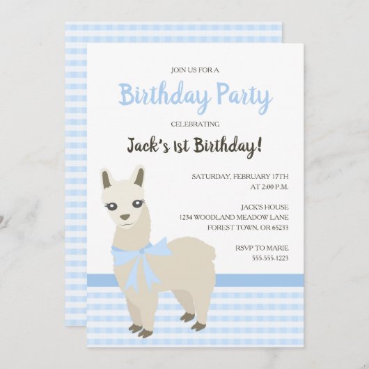 Invitation bleue de fête d'anniversaire d'alpaga (Devant / Derrière)