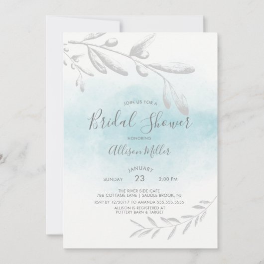 Invitation bleue de Fête de la mariée d'aquarelle (Devant)