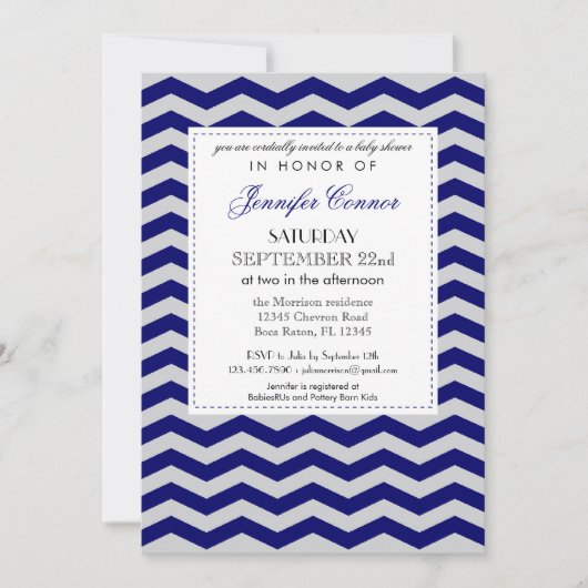 Invitation bleue de l'Elegant Chevron Baby shower  (Devant)