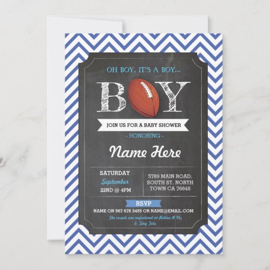Invitation bleue de rugby de baby shower de garçon (Devant)