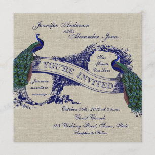 Invitation bleue de toile de paons de mariage