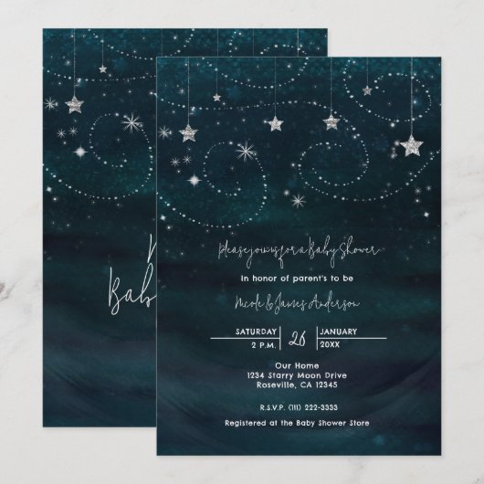 Invitation Bleue et Argentée pour Baby Shower Nuit (Devant / Derrière)