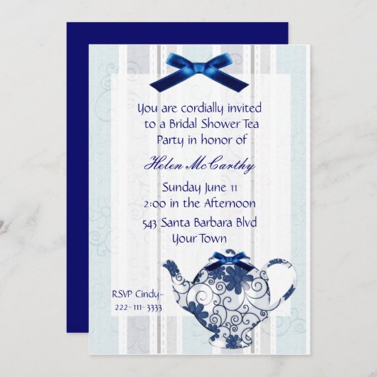 Invitation bleue et blanche de Fête de la mariée (Devant / Derrière)