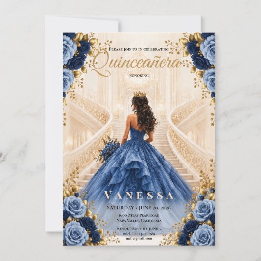 Invitation Bleue et Dorée pour Quinceanera (Devant)