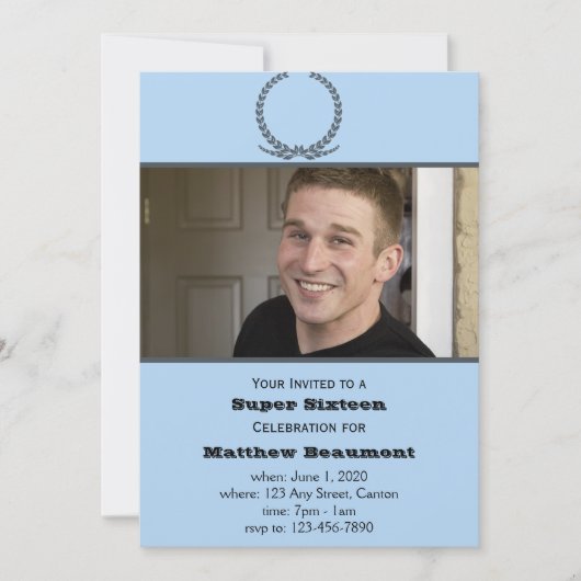 Invitation bleue et grise de fête d'anniversaire (Devant)